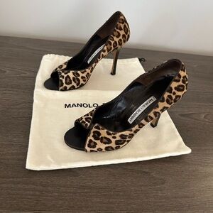 Manila Blahnik leopard leopard print pony hair peep toe heels size 36.5